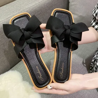 Women Casual Fashion Plus Size Bow Square Toe Flat Slippers PVC