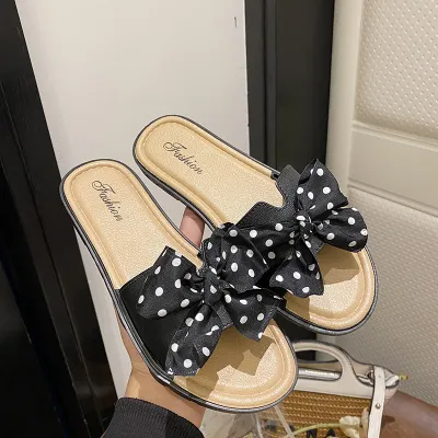 Women Casual Fashion Plus Size Bow Square Toe Flat Slippers PVC