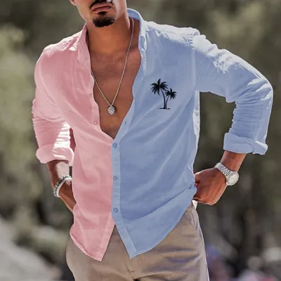 Men Fashion Casual Vacation Color Plus Size Long Sleeve Lapel Shirt