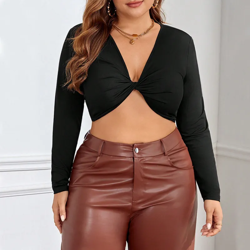 Women Plus Size Sexy V-Neck Long Sleeve Crop Top