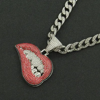 Men Fashion Exaggerated Hip Hop Lips Teeth Rhinestone Pendant Necklace