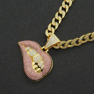 Men Fashion Exaggerated Hip Hop Lips Teeth Rhinestone Pendant Necklace