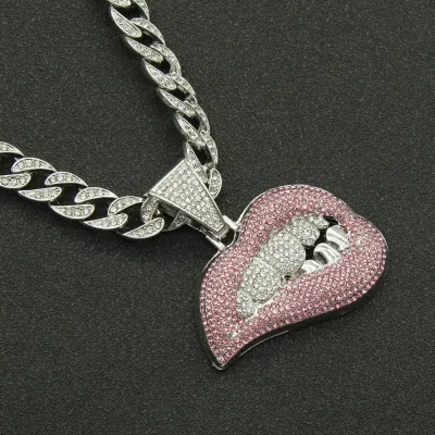 Men Fashion Exaggerated Hip Hop Lips Teeth Rhinestone Pendant Necklace