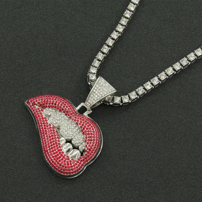 Men Fashion Exaggerated Hip Hop Lips Teeth Rhinestone Pendant Necklace