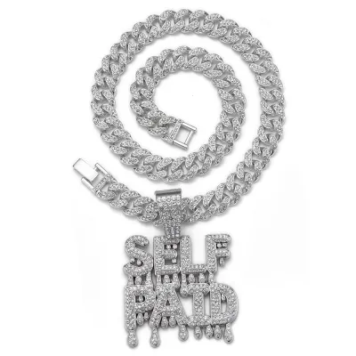 Men Fashion Hip Hop English Letter Rhinestone Pendant Necklace Cuban Chain 18Inch