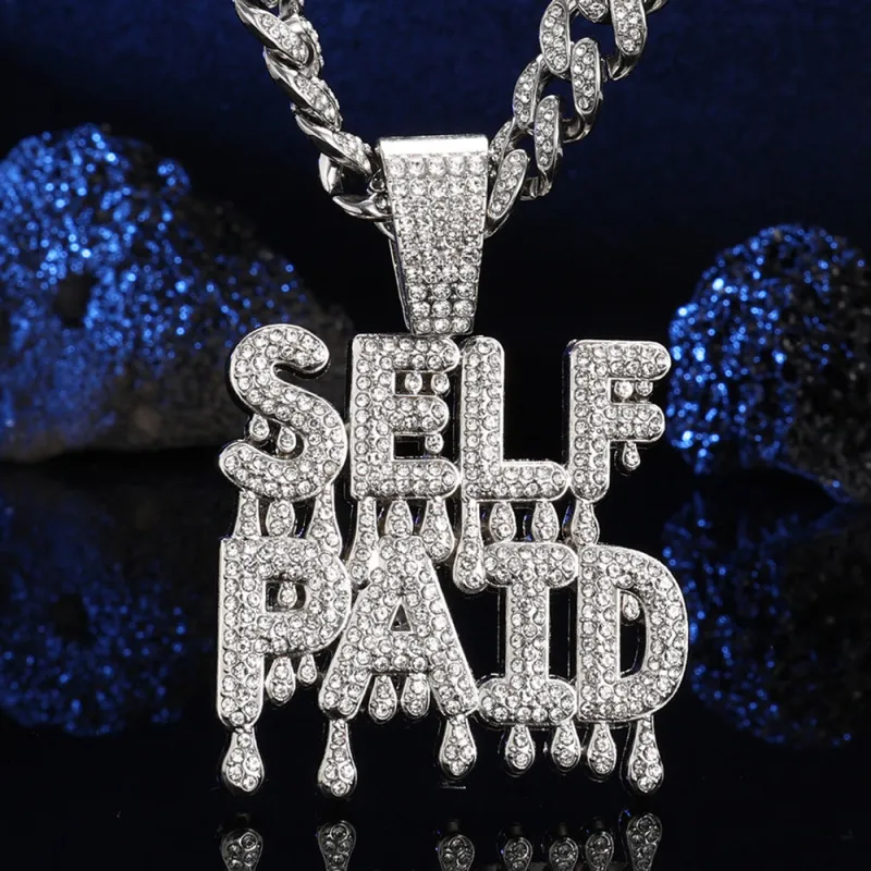 Men Fashion Hip Hop English Letter Rhinestone Pendant Necklace Cuban Chain 18Inch