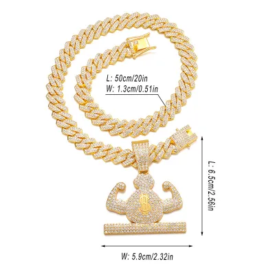 Men Exaggerated Hip Hop Alphabet Smiley Diamond Rhinestone Pendant Alloy Cuban Chain Necklace