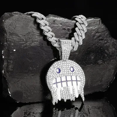 Men Exaggerated Hip Hop Alphabet Smiley Diamond Rhinestone Pendant Alloy Cuban Chain Necklace