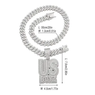 Men Exaggerated Hip Hop Alphabet Smiley Diamond Rhinestone Pendant Alloy Cuban Chain Necklace