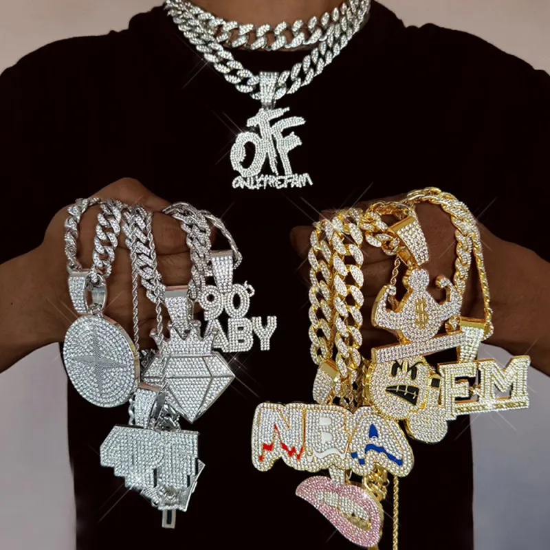 Men Exaggerated Hip Hop Alphabet Smiley Diamond Rhinestone Pendant Alloy Cuban Chain Necklace