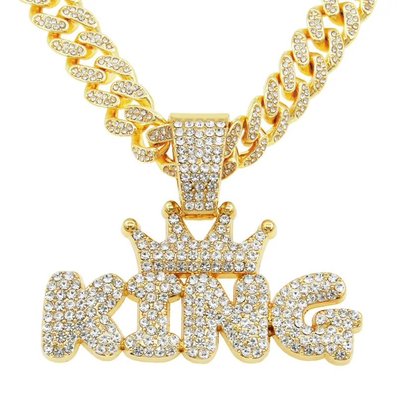 Men Fashion Hip Hop Letter Crown Rhinestone Pendant Necklace Cuban Chain