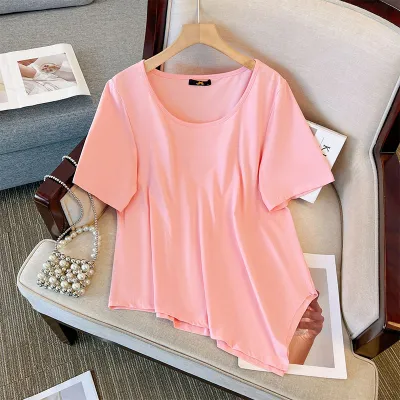 Women Plus Size Irregular Short-Sleeved T-Shirt Summer Simple Solid Color