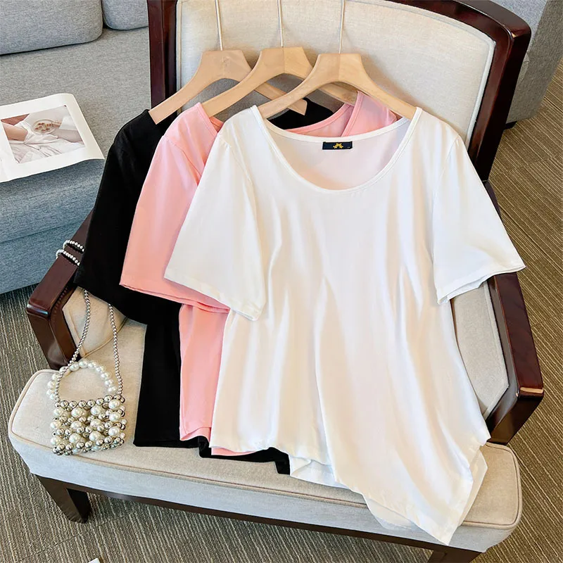 Women Plus Size Irregular Short-Sleeved T-Shirt Summer Simple Solid Color