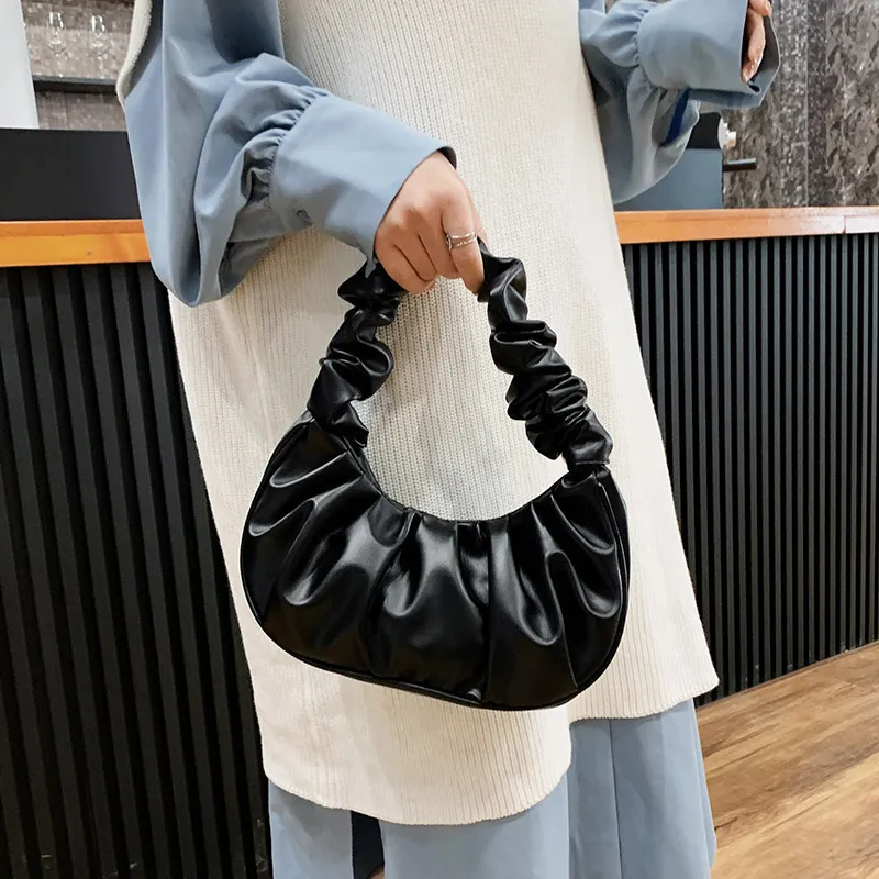 Women Fashion Solid Color Creased PU Shoulder Bag Medium Cloud Pack