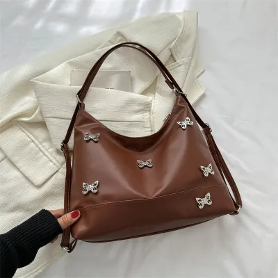 Women Fashion Solid Color Butterfly Rhinestone Large Capacity Shoulder Bag