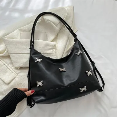 Women Fashion Solid Color Butterfly Rhinestone Large Capacity Shoulder Bag