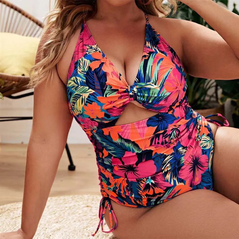 Women Plus Size Sexy Floral Printed Hollow Sling One-Piece Bright Swimsuit