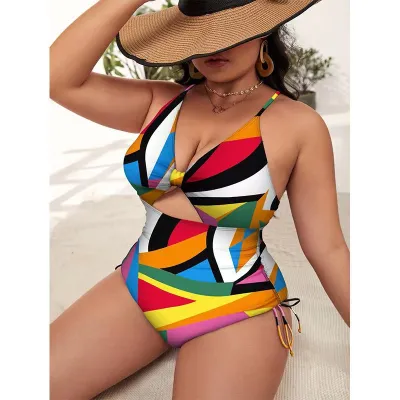 Women Plus Size Sexy Floral Printed Hollow Sling One-Piece Bright Swimsuit