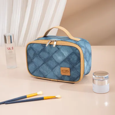 Denim Print Cosmetic Makeup Bag PU Female Polyester Lining Solid Color Urban Simplicity