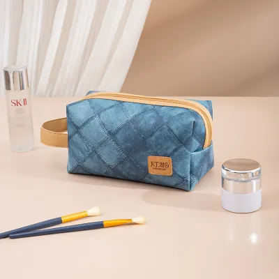 Denim Print Cosmetic Makeup Bag PU Female Polyester Lining Solid Color Urban Simplicity