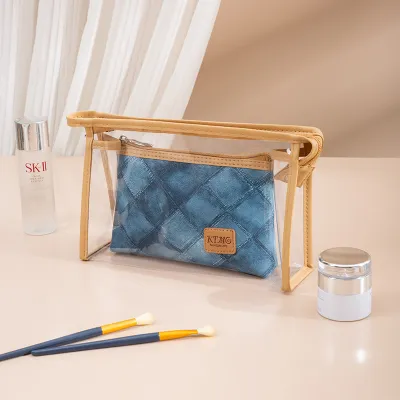 Denim Print Cosmetic Makeup Bag PU Female Polyester Lining Solid Color Urban Simplicity