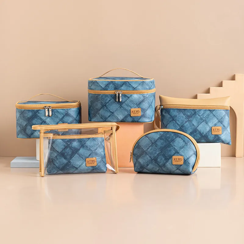 Denim Print Cosmetic Makeup Bag PU Female Polyester Lining Solid Color Urban Simplicity
