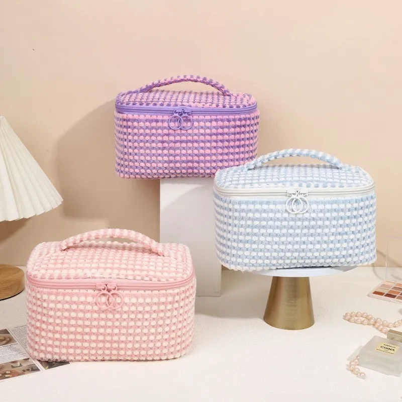 Fleece Plaid Cute Flip Wash Large Capacity Portable Storage Rectangular Cosmetic Bag