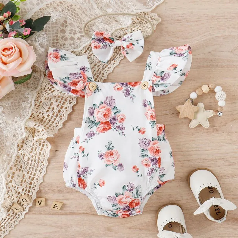 Wholesale Kids Baby Girls Cute Sweet Floral Sleeveless Square Neck Romper