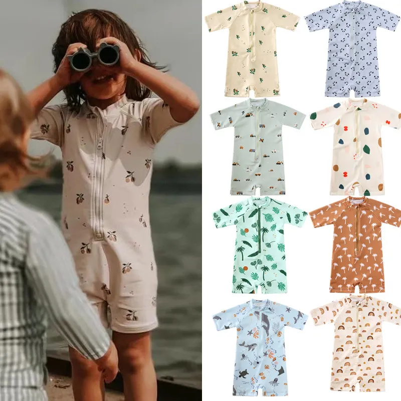 Kids Toddler Boys Girls Cute Sweet Cartoon Print Zipper Short Sleeve Round Neck Rompers
