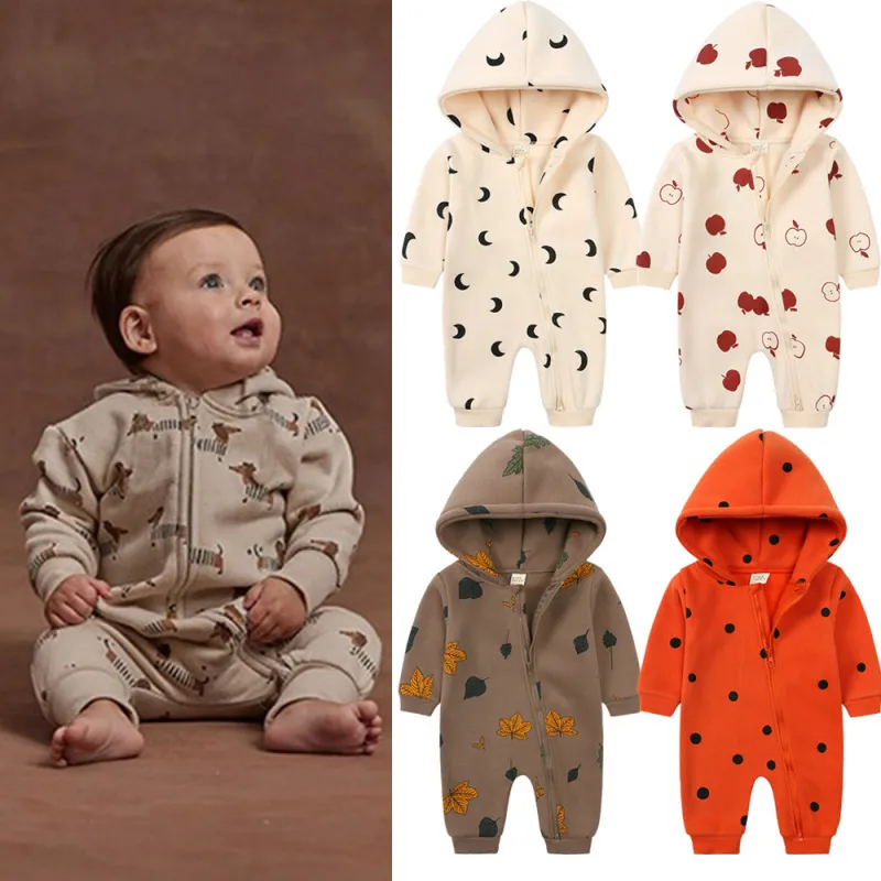 Kids Baby Boys Girls Cute Cartoon Print Long Sleeve Hooded Bodysuit Cotton Thickening All-Match Zipper