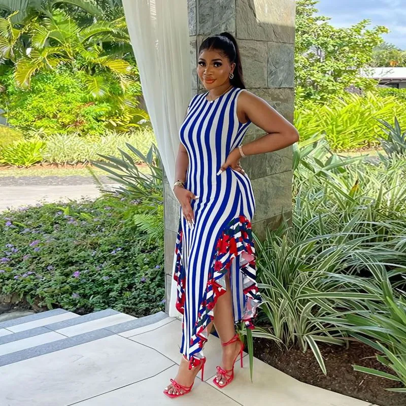 Women Fashion Casual Stripe Floral Printing Sleeveless Irregular Hem Dress