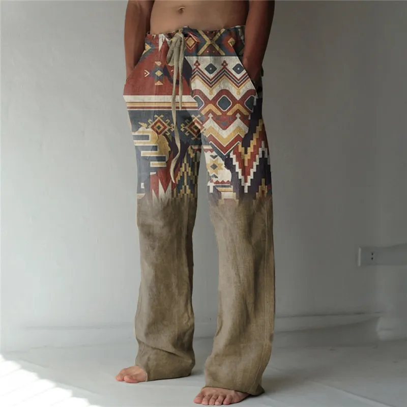 Men Fashion Retro Geometric Printing Straight Pants