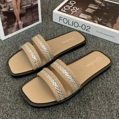 Women's Fashion Casual Plus Size Rhinestone Square Toe Flat PVC Slippers