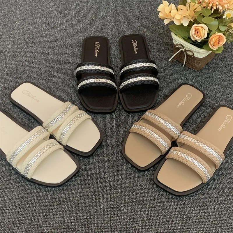Women's Fashion Casual Plus Size Rhinestone Square Toe Flat PVC Slippers
