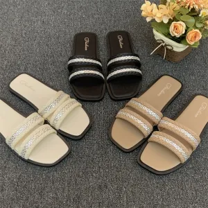 Women's Fashion Casual Plus Size Rhinestone Square Toe Flat PVC Slippers