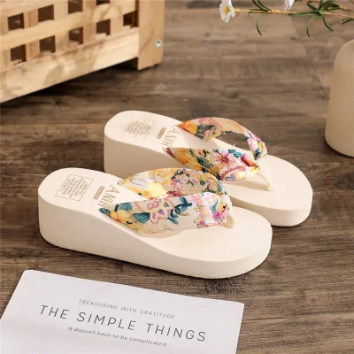Women Fashion Plus Size Ethnic Bohemian Satin Belt Wedge Heel Flip Flop