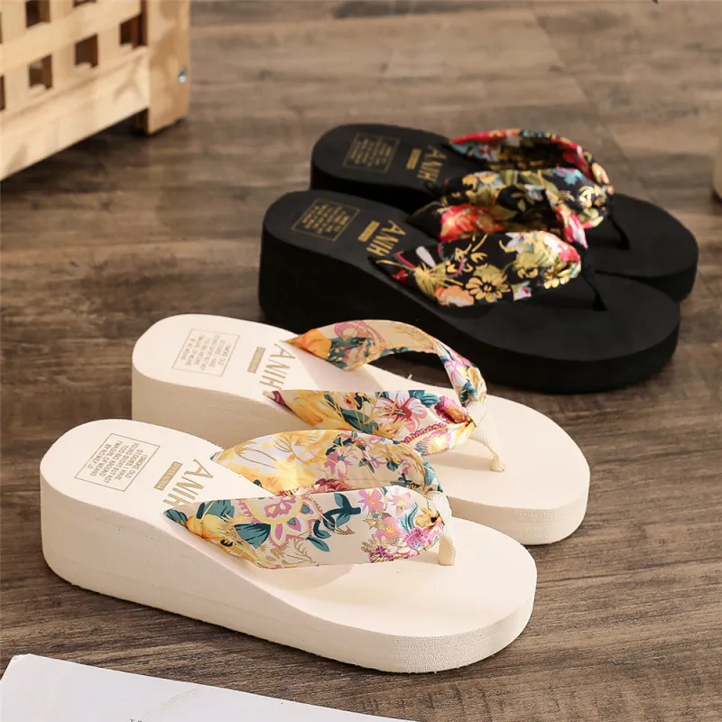 Women Fashion Plus Size Ethnic Bohemian Satin Belt Wedge Heel Flip Flop
