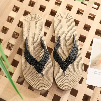 Summer Women Fashion Casual Vacation Beach Plus Size Imitation Hemp Rope Flat Flip-Flop
