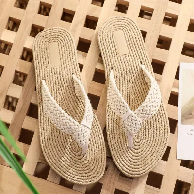 Summer Women Fashion Casual Vacation Beach Plus Size Imitation Hemp Rope Flat Flip-Flop