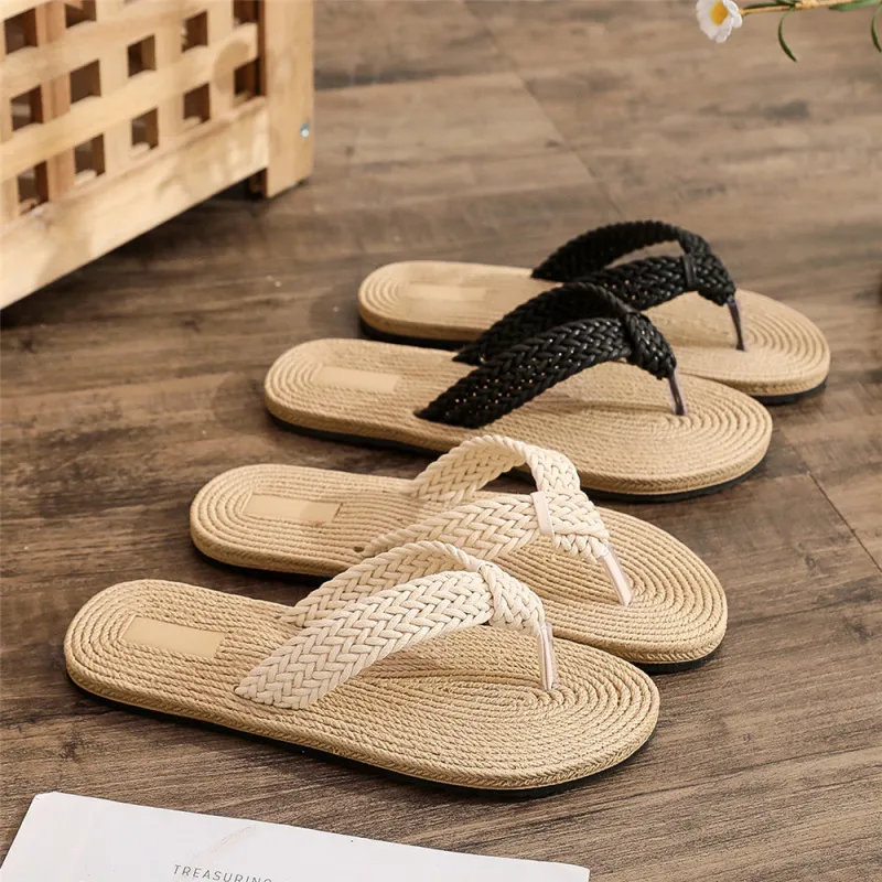 Summer Women Fashion Casual Vacation Beach Plus Size Imitation Hemp Rope Flat Flip-Flop