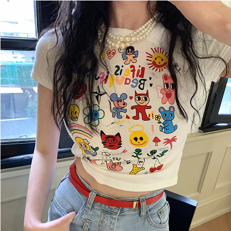 Women Cartoon Cute Pattern Printed Round Neck Short Sleeve T-Shirt Korean Style