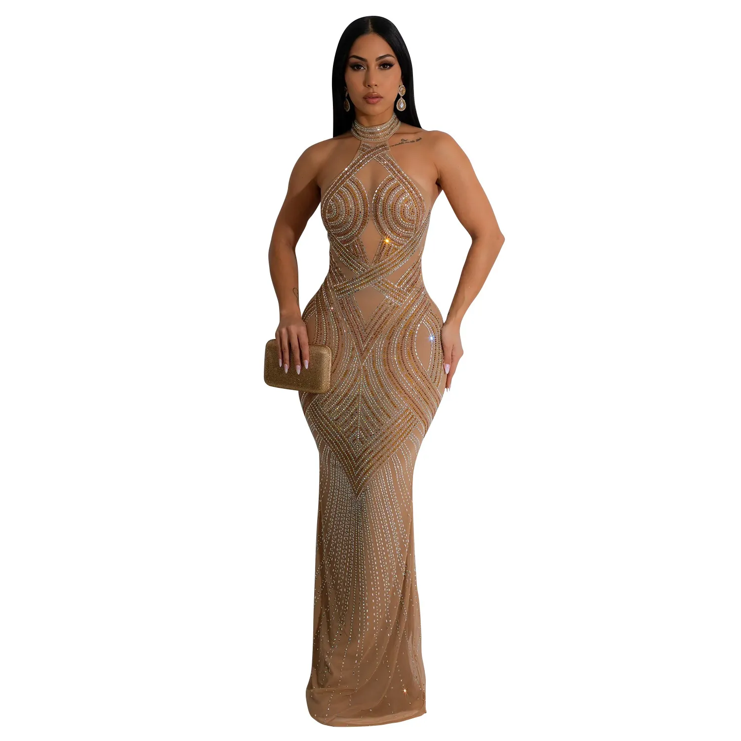 Sexy Backless Sequined Mesh U Neck One Step Skirt Dresses