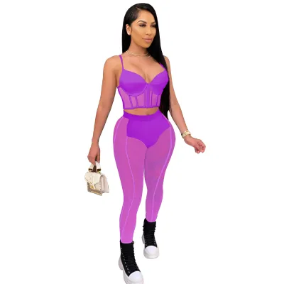 Women Nightclub Sexy Mesh Perspective Pants Two-Piece Set