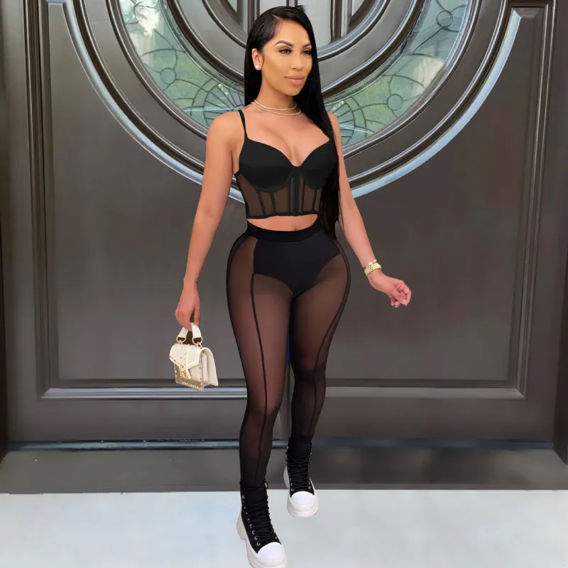 Women Nightclub Sexy Mesh Perspective Pants Two-Piece Set