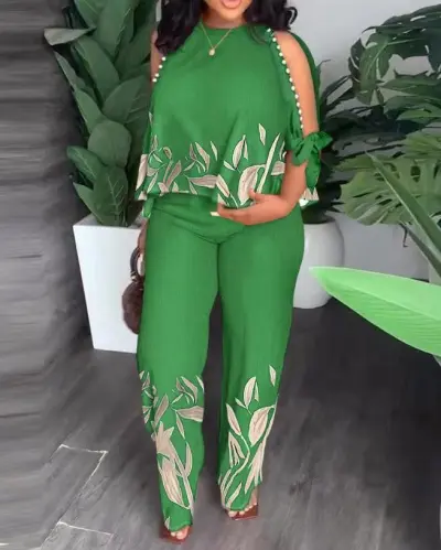 Women Plus Size Open-Shoulder Beaded Print Pants Set