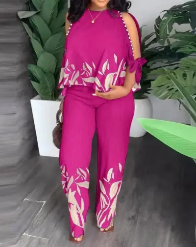 Women Plus Size Open-Shoulder Beaded Print Pants Set
