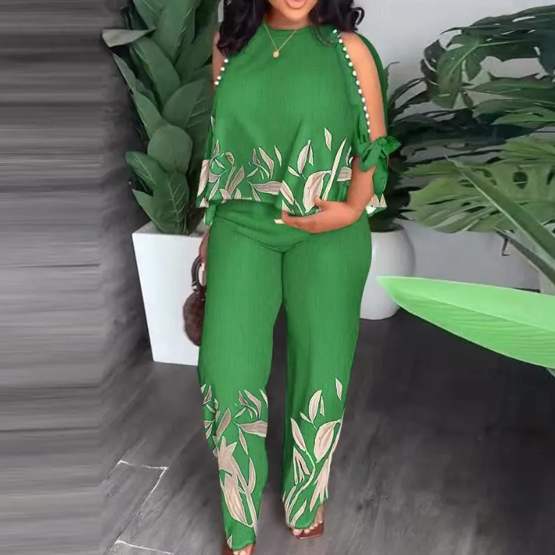 Women Plus Size Open-Shoulder Beaded Print Pants Set