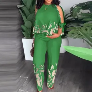 Women Plus Size Open-Shoulder Beaded Print Pants Set