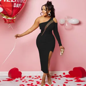 Women Fashion Solid Color Slant Shoulder Mesh Bodycon Dress