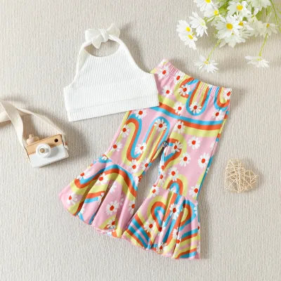 Kids Toddler Girls Casual Cute Cartoon Floral Print Halter Vest Flare Trousers Set